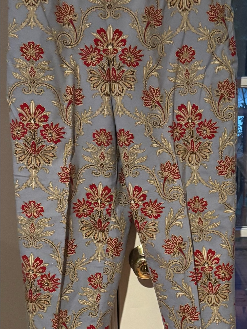 Talbots Light Blue Floral Brocade Capris with Red and Gold Embroidery